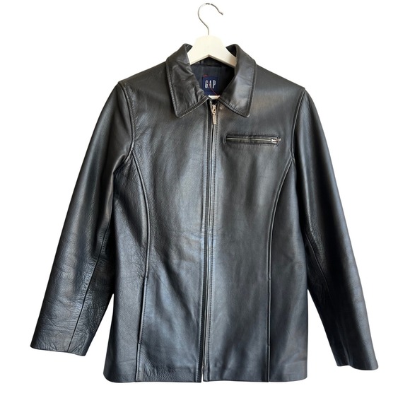 GAP Jackets & Blazers - GAP Womens Black Leather Full Zip Jacket Pointed Collar Tailored Fit Size Small